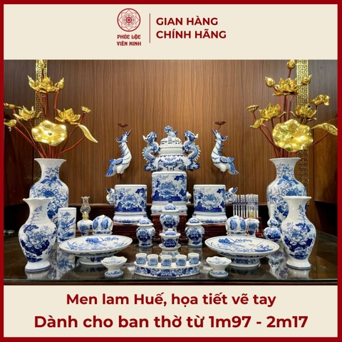 Bộ Đồ Thờ Men Lam Huế Gốm Sứ Bát Tràng - Phúc Lộc Viên Minh -  PLVM422
