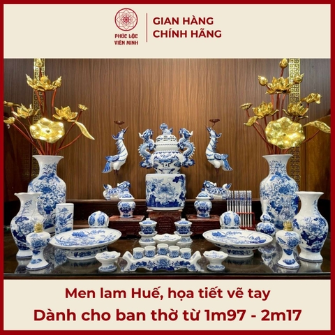 Bộ Đồ Thờ Men Lam Họa Tiết Vẽ Tay Gốm Sứ Bát Tràng - Phúc Lộc Viên Minh -  PLVM423