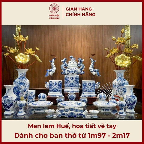 Bộ Đồ Thờ Men Lam Huế Họa Tiết Vẽ Tay Gốm Sứ Bát Tràng - Phúc Lộc Viên Minh -  PLVM424