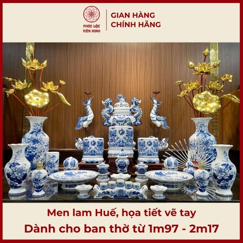 Bộ Đồ Thờ Men Lam Họa Tiết Vẽ Tay Gốm Sứ Bát Tràng - Phúc Lộc Viên Minh - PLVM426