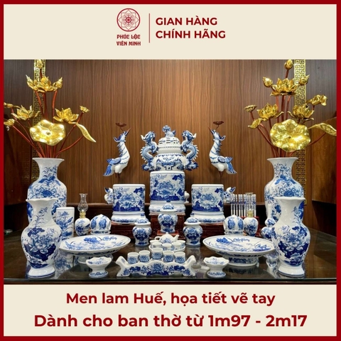 Bộ Đồ Thờ Men Lam Họa Tiết Vẽ Tay Gốm Sứ Bát Tràng - Phúc Lộc Viên Minh -  PLVM442