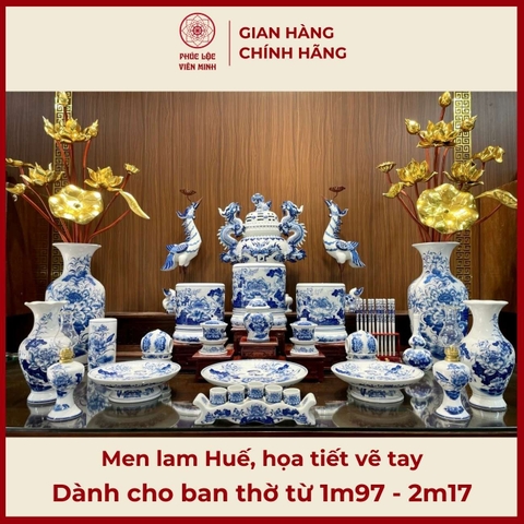 Bộ Đồ Thờ Men Lam Huế Vẽ Tay Cao Cấp Gốm Sứ Bát Tràng - Phúc Lộc Viên Minh - PLVM445