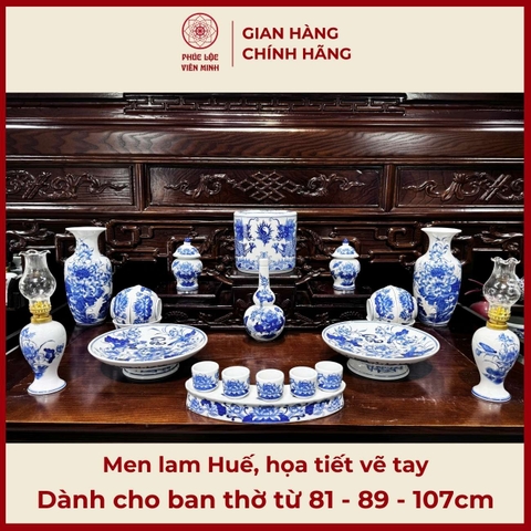Bộ Đồ Thờ Men Lam Huế Họa Tiết Vẽ Tay Gốm Sứ Bát Tràng - Phúc Lộc Viên Minh - PLVM449