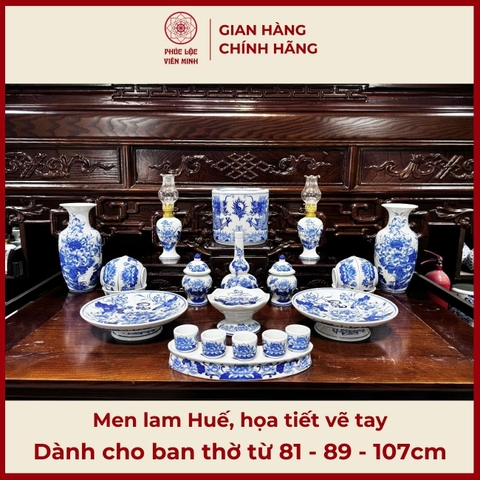 Bộ Đồ Thờ Men Lam Huế Vẽ Tay Gốm Sứ Bát Tràng - Phúc Lộc Viên Minh - PLVM451