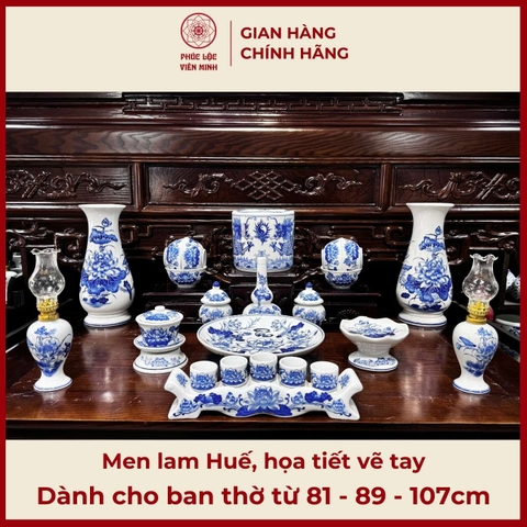 Bộ Đồ Thờ Men Lam Huế Vẽ Tay Cao Cấp Gốm Sứ Bát Tràng - Phúc Lộc Viên Minh - PLVM455