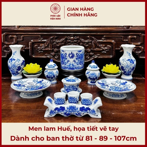 Bộ Đồ Thờ Men Lam Huế Họa Tiết Vẽ Tay Gốm Sứ Bát Tràng - Phúc Lộc Viên Minh - PLVM456