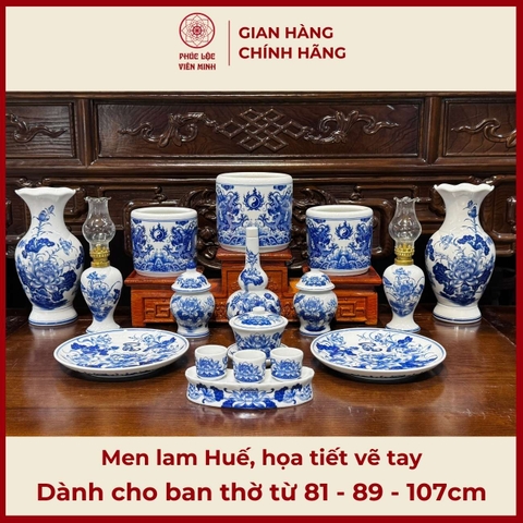 Bộ Đồ Thờ Men Lam Huế Họa Tiết Vẽ Tay Gốm Sứ Bát Tràng - Phúc Lộc Viên Minh - PLVM460