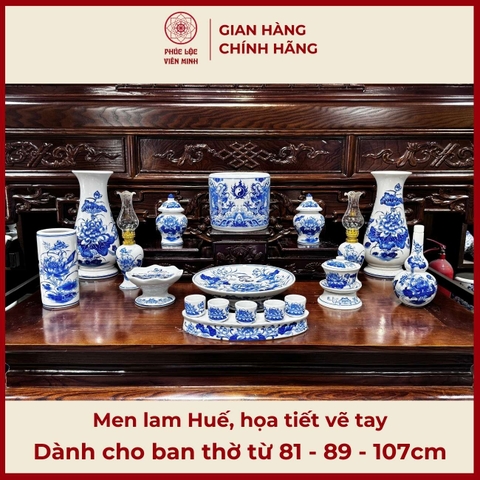 Bộ Đồ Thờ Men Lam Huế Họa Tiết Vẽ Tay Gốm Sứ Bát Tràng - Phúc Lộc Viên Minh - PLVM466