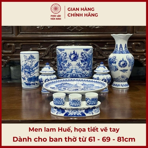 Bộ Đồ Thờ Men Lam Huế Vẽ Tay Gốm Sứ Bát Tràng - Phúc Lộc Viên Minh - PLVM468