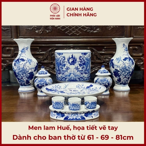 Bộ Đồ Thờ Men Lam Huế Họa Tiết Vẽ Tay Cao Cấp Gốm Sứ Bát Tràng - Phúc Lộc Viên Minh - PLVM469