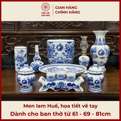 Bộ Đồ Thờ Men Lam Huế Họa Tiết Vẽ Tay Gốm Sứ Bát Tràng - Phúc Lộc Viên Minh - PLVM470