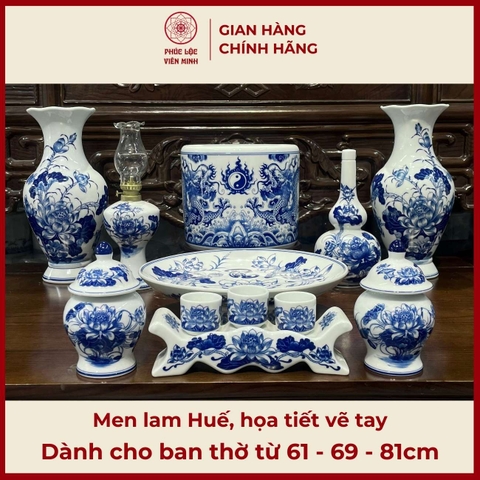 Bộ Đồ Thờ Men Lam Huế Cao Cấp Gốm Sứ Bát Tràng - Phúc Lộc Viên Minh - PLVM472