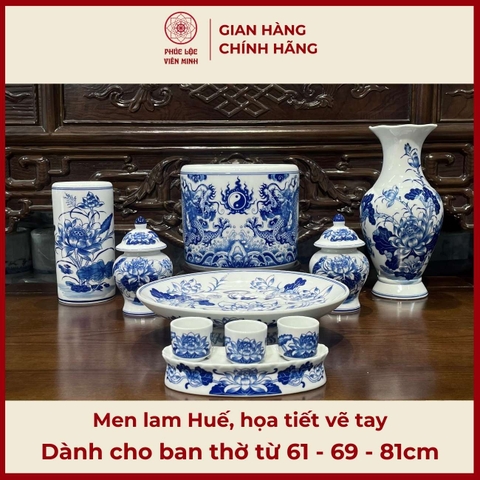 Bộ Đồ Thờ Men Lam Huế Họa Tiết Vẽ Tay Gốm Sứ Bát Tràng - Phúc Lộc Viên Minh - PLVM473