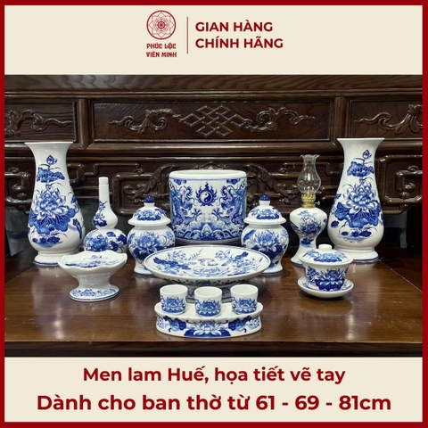 Bộ Đồ Thờ Men Lam Huế Họa Tiết Vẽ Tay Gốm Sứ Bát Tràng - Phúc Lộc Viên Minh - PLVM474