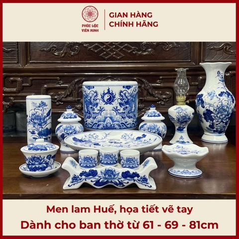 Bộ Đồ Thờ Men Lam Vẽ Tay Gốm Sứ Bát Tràng - Phúc Lộc Viên Minh - PLVM475
