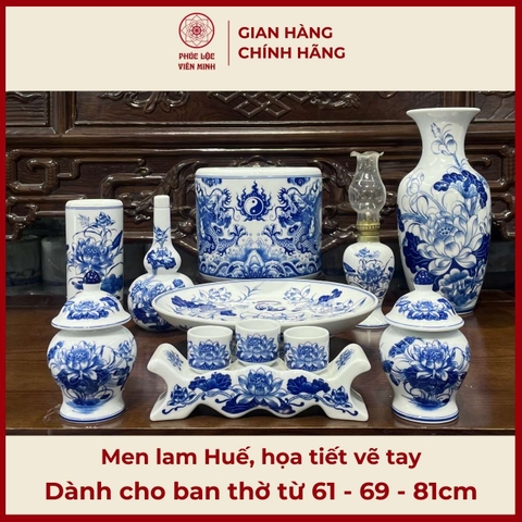 Bộ Đồ Thờ Men Lam Huế Gốm Sứ Bát Tràng - Phúc Lộc Viên Minh - PLVM476