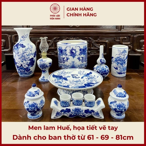 Bộ Đồ Thờ Men Lam Họa Tiết Vẽ Tay Gốm Sứ Bát Tràng - Phúc Lộc Viên Minh - PLVM477