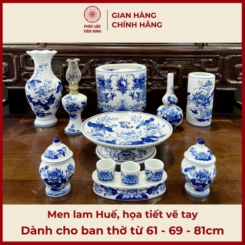 Bộ Đồ Thờ Men Lam Huế Gốm Sứ Bát Tràng - Phúc Lộc Viên Minh - PLVM478