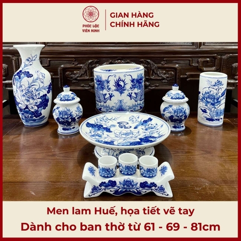 Bộ Đồ Thờ Men Lam Huế Họa Tiết Vẽ Tay Gốm Sứ Bát Tràng - Phúc Lộc Viên Minh - PLVM479