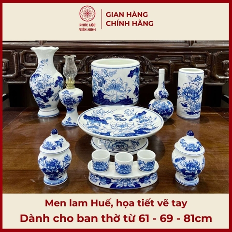 Bộ Đồ Thờ Men Lam Huế Họa Tiết Vẽ Tay Gốm Sứ Bát Tràng - Phúc Lộc Viên Minh - PLVM480