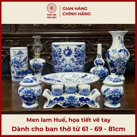 Bộ Đồ Thờ Men Lam Vẽ Tay Gốm Sứ Bát Tràng - Phúc Lộc Viên Minh - PLVM481