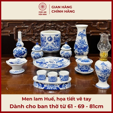 Bộ Đồ Thờ Men Lam Huế Vẽ Tay Gốm Sứ Bát Tràng - Phúc Lộc Viên Minh - PLVM482