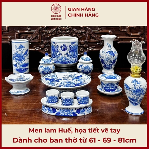 Bộ Đồ Thờ Men Lam Huế Cao Cấp Gốm Sứ Bát Tràng - Phúc Lộc Viên Minh - PLVM483