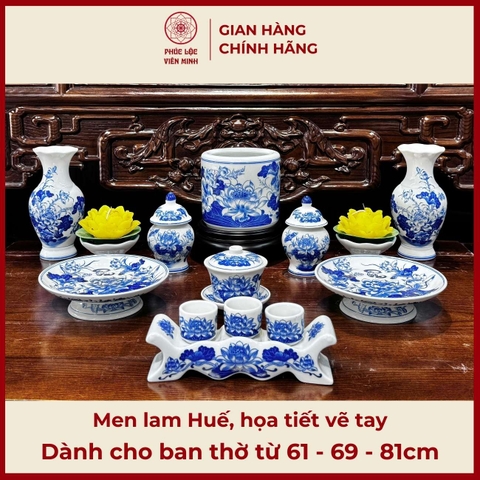 Bộ Đồ Thờ Men Lam Gốm Sứ Bát Tràng - Phúc Lộc Viên Minh - PLVM484