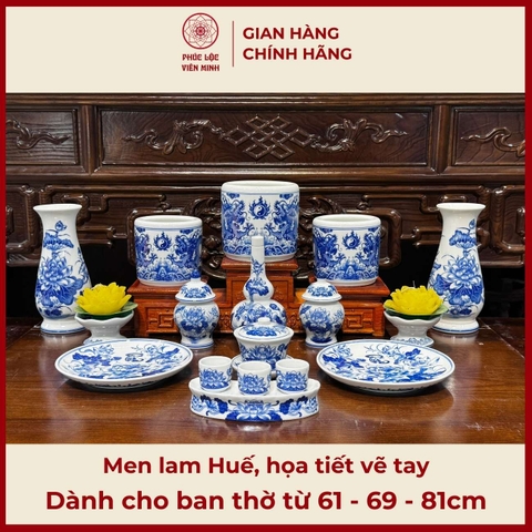 Bộ Đồ Thờ Men Lam Vẽ Tay Cao Cấp Gốm Sứ Bát Tràng - Phúc Lộc Viên Minh - PLVM486