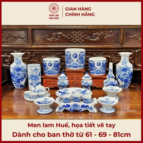 Bộ Đồ Thờ Men Lam Huế Gốm Sứ Bát Tràng - Phúc Lộc Viên Minh - PLVM487