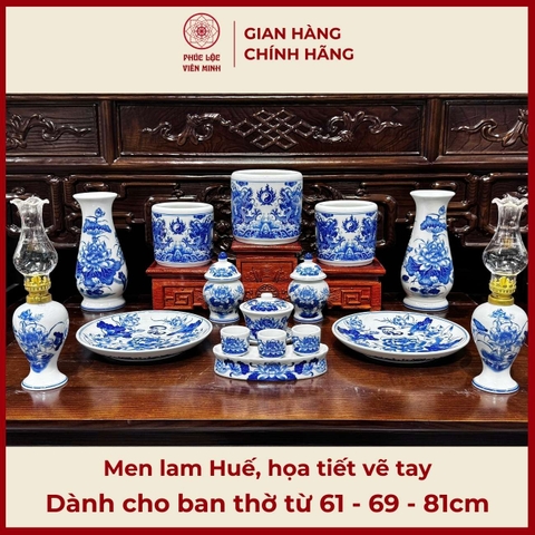 Bộ Đồ Thờ Men Lam Huế Họa Tiết Vẽ Tay Gốm Sứ Bát Tràng - Phúc Lộc Viên Minh - PLVM488