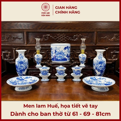 Bộ Đồ Thờ Men Lam Huế Họa Tiết Vẽ Tay Gốm Sứ Bát Tràng - Phúc Lộc Viên Minh - PLVM496