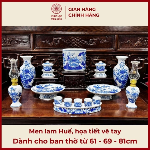 Bộ Đồ Thờ Men Lam Huế Gốm Sứ Bát Tràng - Phúc Lộc Viên Minh - PLVM497