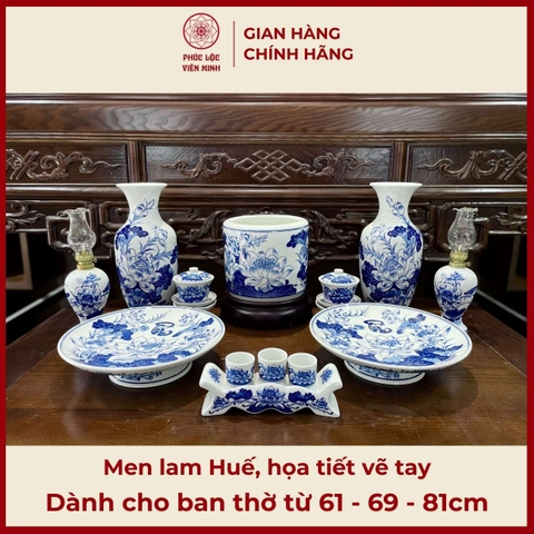 Bộ Đồ Thờ Men Lam Họa Tiết Vẽ Tay Gốm Sứ Bát Tràng - Phúc Lộc Viên Minh - PLVM499