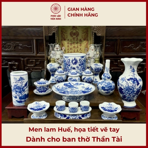 Bộ Đồ Thờ Men Lam Huế Vẽ Tay Gốm Sứ Bát Tràng - Phúc Lộc Viên Minh - PLVM509