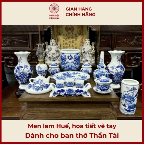 Bộ Đồ Thờ Men Lam Họa Tiết Vẽ Tay Gốm Sứ Bát Tràng - Phúc Lộc Viên Minh - PLVM510
