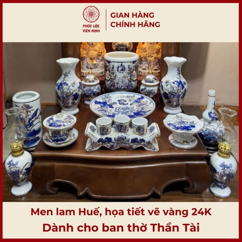 Bộ Đồ Thờ Men Lam Huế Họa Tiết Vẽ Vàng 24K Gốm Sứ Bát Tràng - Phúc Lộc Viên Minh - PLVM511