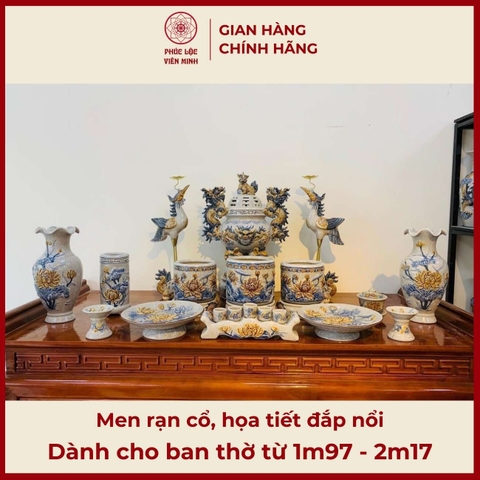 Bộ Đồ Thờ Men Rạn Đắp Nổi Gốm Sứ Bát Tràng - Phúc Lộc Viên Minh - PLVM515