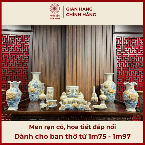 Bộ Đồ Thờ Men Rạn Đắp Nổi Gốm Sứ Bát Tràng - Phúc Lộc Viên Minh - PLVM520