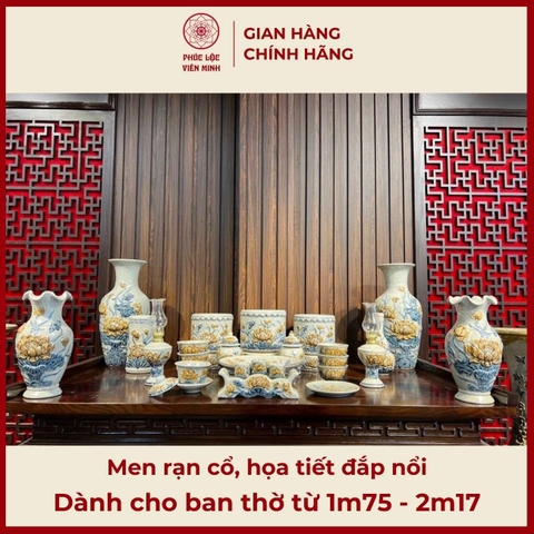 Bộ Đồ Thờ Men Rạn Đắp Nổi Gốm Sứ Bát Tràng - Phúc Lộc Viên Minh - PLVM522