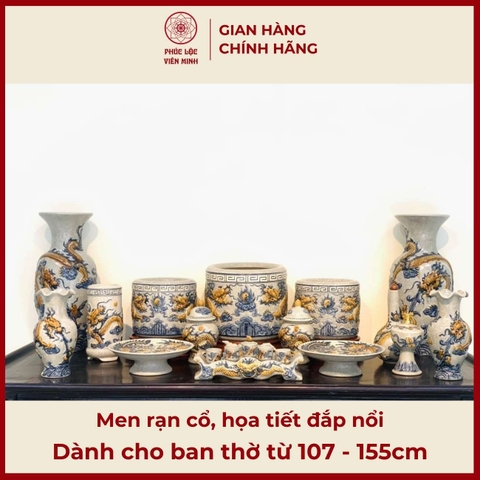 Bộ Đồ Thờ Men Rạn Cổ Họa Tiết Đắp Nổi Gốm Sứ Bát Tràng - Phúc Lộc Viên Minh - PLVM525