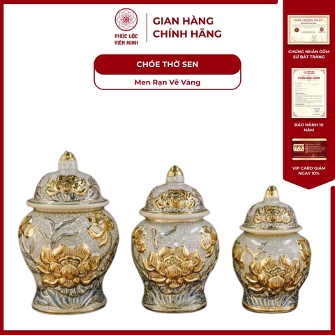 Chóe Thờ Họa Tiết Sen Men Rạn Vẽ Vàng Gốm Sứ Bát Tràng - Phúc Lộc Viên Minh