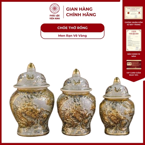 Chóe Thờ Họa Tiết Rồng Men Rạn Vẽ Vàng Gốm Sứ Bát Tràng - Phúc Lộc Viên Minh