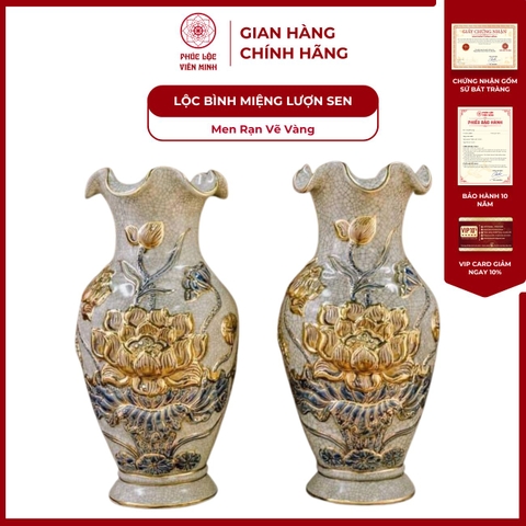 Đôi Lộc Bình Miệng Lượn Họa Tiết Sen Men Rạn Vẽ Vàng Gốm Sứ Bát Tràng - Phúc Lộc Viên Minh - PLVM1009