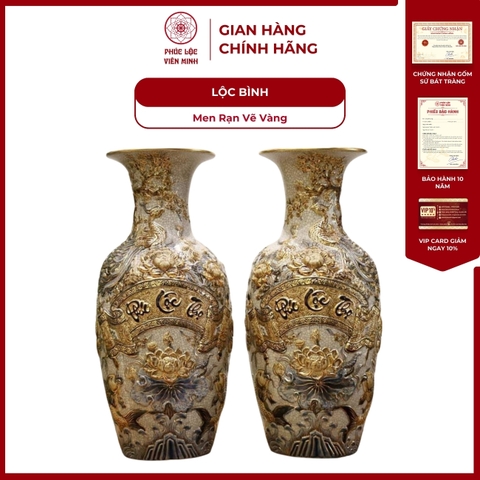 Đôi Lộc Bình Phúc Lộc Thọ Men Rạn Vẽ Vàng Gốm Sứ Bát Tràng - Phúc Lộc Viên Minh