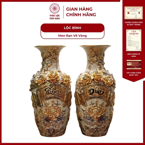 Đôi Lộc Bình Phúc Đức Men Rạn Vẽ Vàng Gốm Sứ Bát Tràng - Phúc Lộc Viên Minh