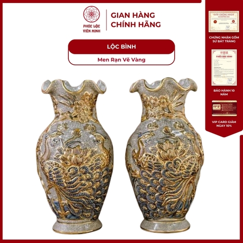 Đôi Lộc Bình Công Đào Miệng Lượn Men Rạn Vẽ Vàng Gốm Sứ Bát Tràng - Phúc Lộc Viên Minh - PLVM1010