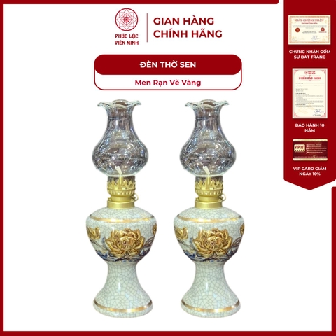 Đèn Thờ Họa Tiết Sen Men Rạn Vẽ Vàng Gốm Sứ Bát Tràng - Phúc Lộc Viên Minh - PLVM1005