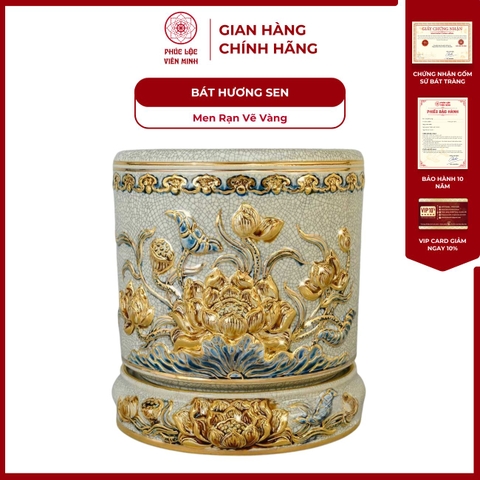 Bát Hương Sen Men Rạn Vẽ Vàng Gốm Sứ Bát Tràng - Phúc Lộc Viên Minh - PLVM1003