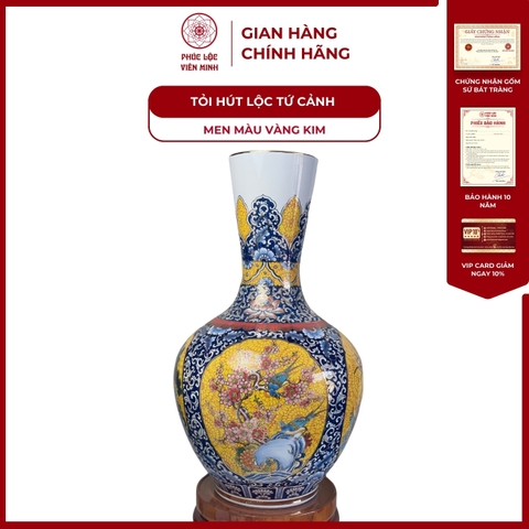 Tỏi Ống Tứ Cảnh Men Màu Vàng Kim Gốm Sứ Bát Tràng - Phúc Lộc Viên Minh